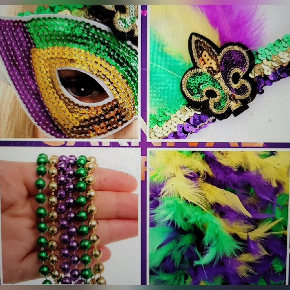 NWT MARDI GRAS SET TUTU MASK BEADS SOCKS FEATHER FAUX  HEADBAND AND SCARF - Picture 2 of 6